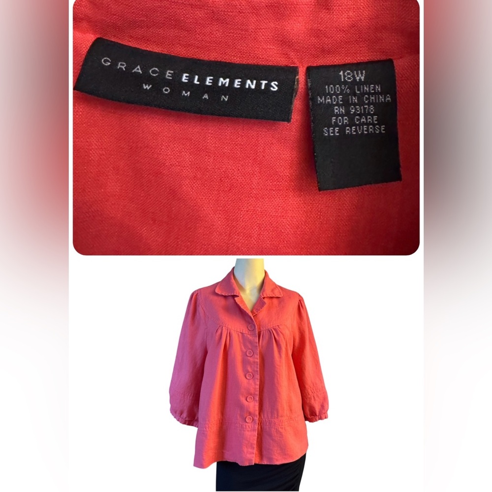 Grace Elements Womens Blazer Blouse 18W 100% Linen Button Front Coral 
Relaxed